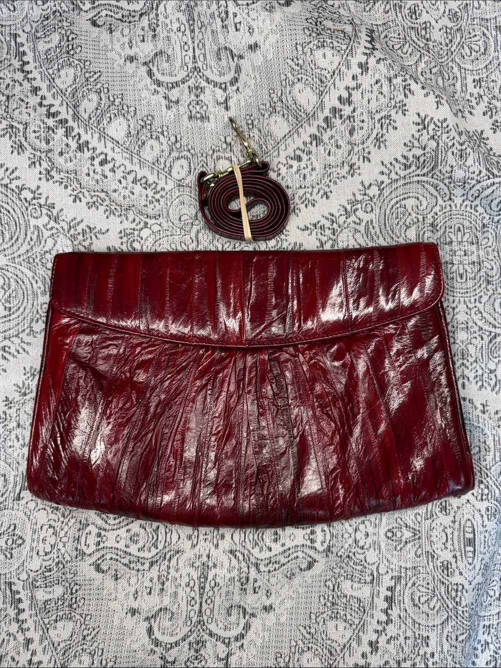 EEL Skin Fold-Over Clutch in Deep Red w- Detachable Strap - 8x12